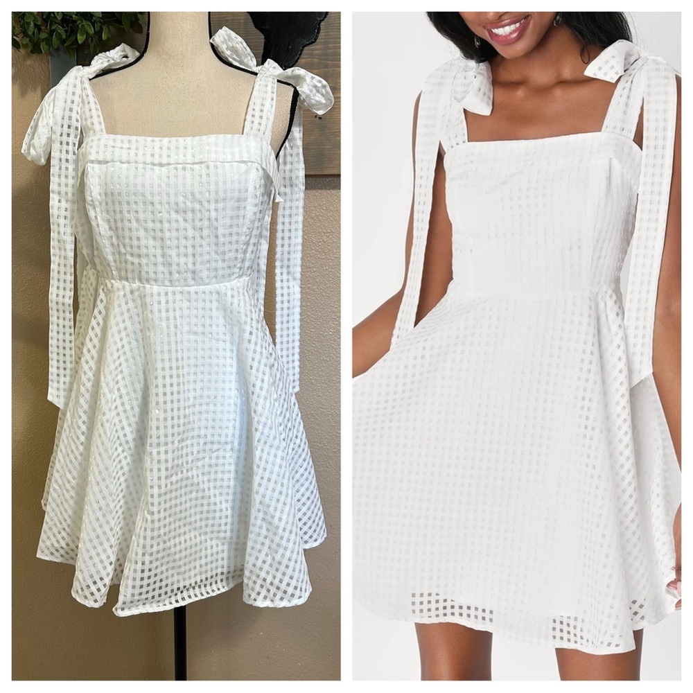 Lulus Forever Darling White Gingham Tie-Strap Mini Dress – Size Large– NWT